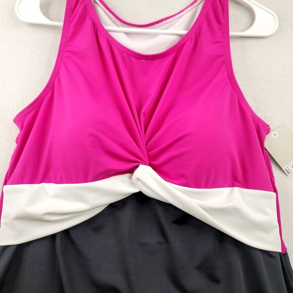 Plus Croft & Barrow High Neck Twist Front Tankini 1X 16W-18W Pink/Black/White - Picture 2 of 9